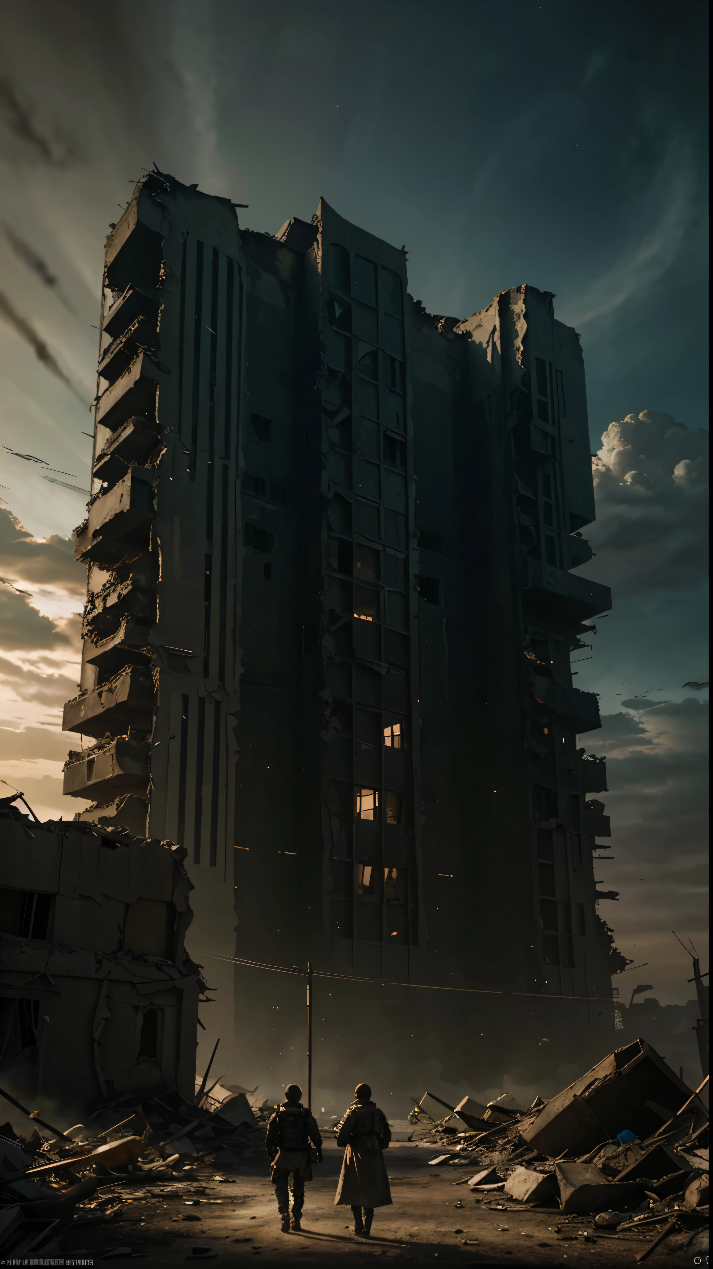 Spectacular, realistic images: ((Apocalypse Friendship)) The end of the world scene、HDR value 1.4 and a calm color palette、Rendered in exquisite detail、Evokes a sense of desolation and melancholy。The apocalypse is depicted in an abandoned cityscape at night.、Screen space refraction in city dust々It adds a layer of realism to the ruins.。 The intricate details and highly detailed elements in this ArtStation-inspired cinematic shot、This is highlighted by the use of vignettes and intricate backgrounds featuring towering and crumbling buildings.。These two