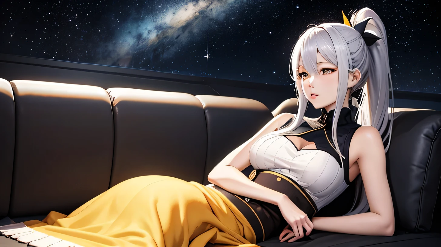 high quality、8k、Realistic anime drawings、In the dark planetarium、Stars on the wall、1 adult female、Age 25、(Long ponytail、skirt、knit)、((lie down on a reclining seat、close your eyes、sleep、blanket))Black anime girl with long white hair dressed in white, Yellow Eyes, With sword, Shocking Genshin style