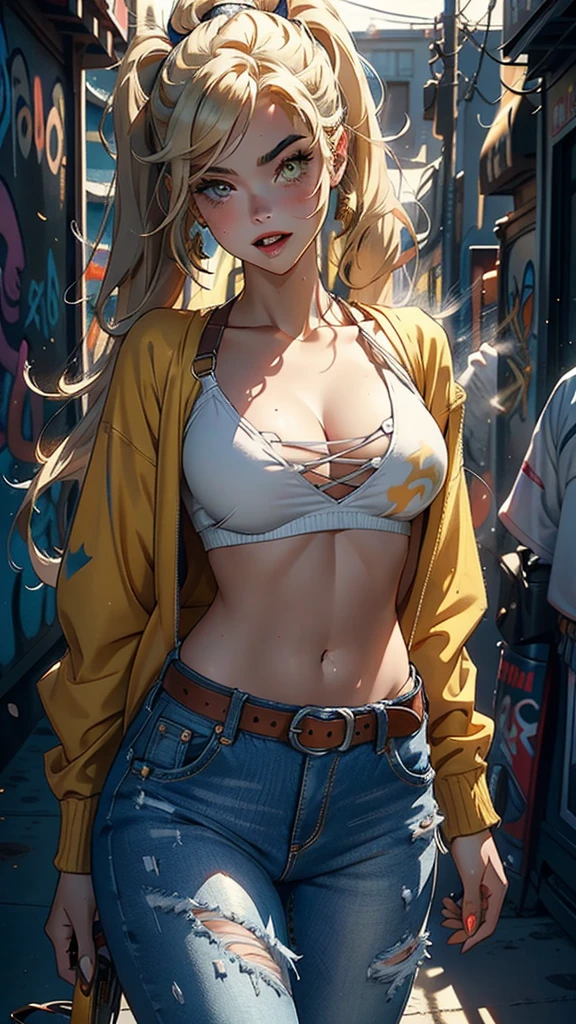 Original Character, Volumetric Lighting, Best Shadows, Shallow Depth of Field, Portrait Of Stunningly Beautiful Girl, , Delicate Beautiful Attractive Face With Alluring Yellow Eyes, Messy Painted Face, Sharp Eyebrows, Broadly Smiling, Open Mouth, Fangs Out, Lovely Medium Breasts, Layered Long Twintail Blond Hair, Blush Eyeshadow, Thick Eyelashes, Applejack Hat, Oversized Pop Jacket, Mini Underboob Tee, Open Navel, Slim Waist, Denim Jeans Pants, With Buckle Belt, In The Graffiti Alley, Waste Container, Outside Stairs, Outdoor Unit, Holding Spray Paint Can, Standing, (Highest Quality, Amazing Details:1.25), (Solo:1.3), Brilliant Colorful Paintings