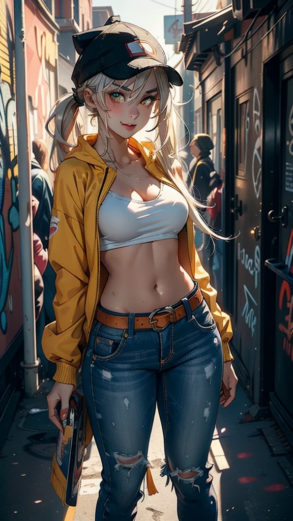 Original Character, Volumetric Lighting, Best Shadows, Shallow Depth of Field, Portrait Of Stunningly Beautiful Girl, , Delicate Beautiful Attractive Face With Alluring Yellow Eyes, Messy Painted Face, Sharp Eyebrows, Broadly Smiling, Open Mouth, Fangs Out, Lovely Medium Breasts, Layered Long Twintail Blond Hair, Blush Eyeshadow, Thick Eyelashes, Applejack Hat, Oversized Pop Jacket, Mini Underboob Tee, Open Navel, Slim Waist, Denim Jeans Pants, With Buckle Belt, In The Graffiti Alley, Waste Container, Outside Stairs, Outdoor Unit, Holding Spray Paint Can, Standing, (Highest Quality, Amazing Details:1.25), (Solo:1.3), Brilliant Colorful Paintings