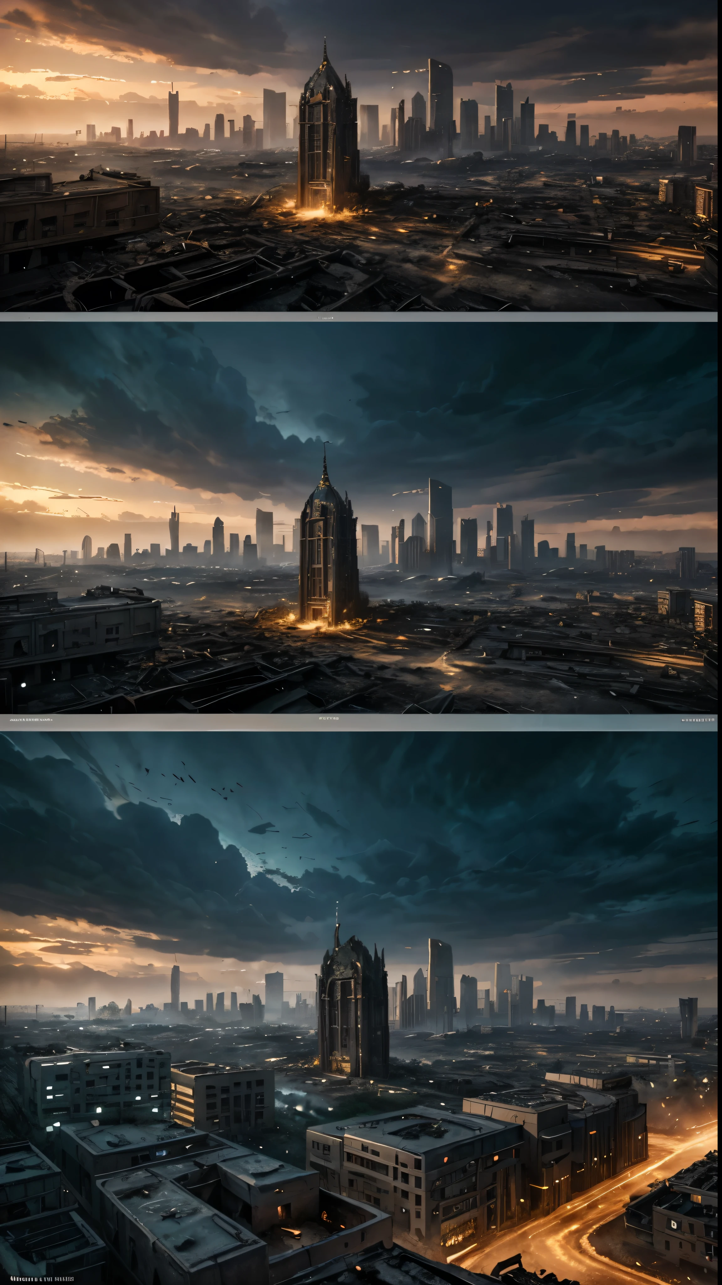 Spectacular, realistic images: ((Apocalypse Friendship)) The end of the world scene、HDR value 1.4 and a calm color palette、Rendered in exquisite detail、Evokes a sense of desolation and melancholy。The apocalypse is depicted in an abandoned cityscape at night.、Screen space refraction in city dust々It adds a layer of realism to the ruins.。 The intricate details and highly detailed elements in this ArtStation-inspired cinematic shot、This is highlighted by the use of vignettes and intricate backgrounds featuring towering and crumbling buildings.。These two