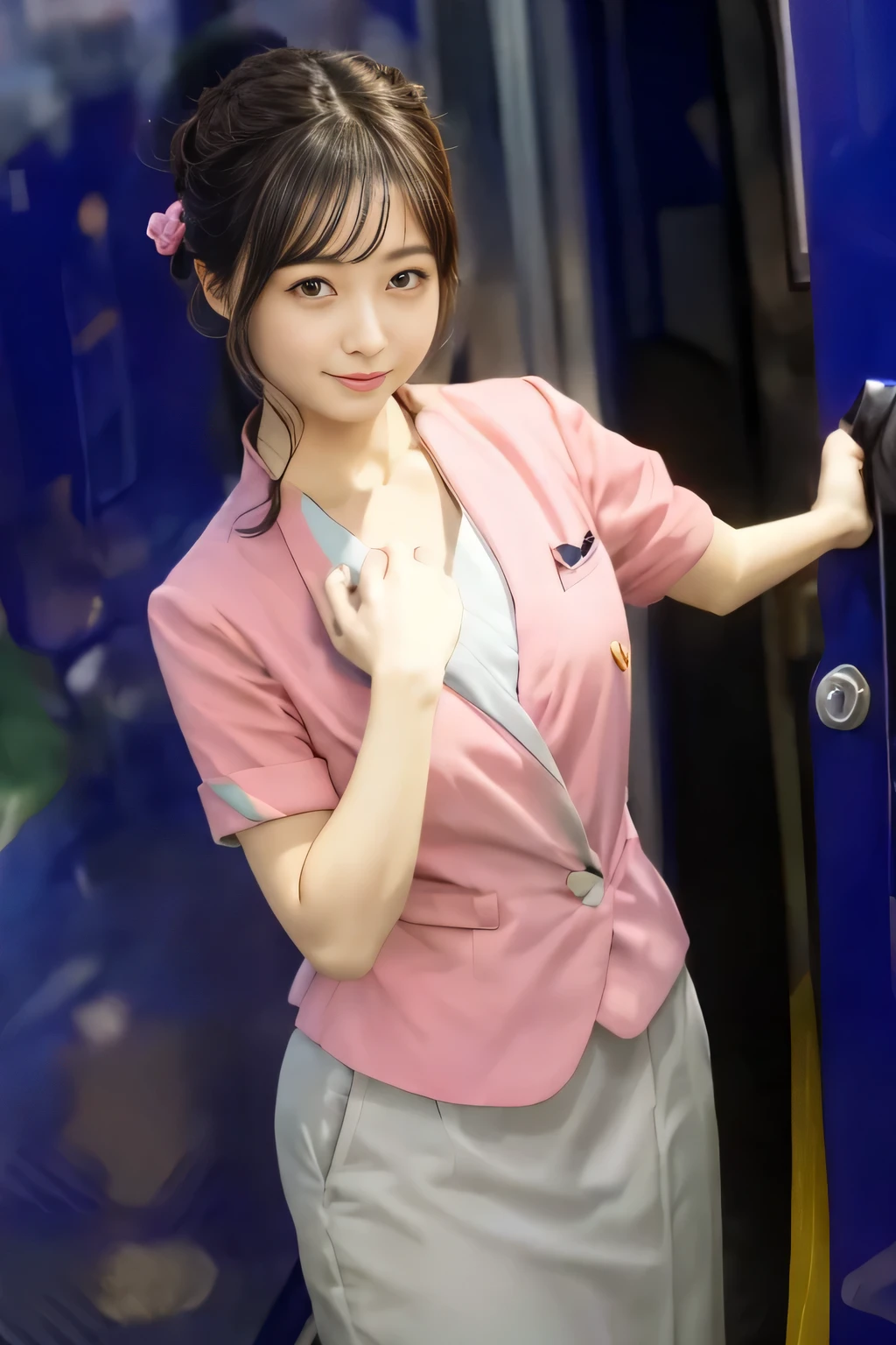 (masterpiece:1.2, highest quality:1.2), 32K HDR, High resolution, (alone、1 the rooftop of a building in the daytime、Professional Lighting)、Building rooftop background、(Nankai train crew uniform pinkを着たリアルスタイル)、(Nankai train crew uniform pink short sleeve collarless pink jacket、Nankai Train Crew Uniform Pink Collarless Short Sleeve Blouse、Nankai Train Crew Uniform Pink Grey Knee-length Culottes)he bottom of the pink short-sleeved jacket cannot be tucked into the clay-colored culottes.))、Dbrown hair、(Hair tied up、Hair Bun、n)、Dark brown hair、LonBig Breasts、Thin legs、((Great h((Harmonious body proportions:1.5)),((Normal limbs:2.0)),((Normal finger:2.0)),((Delicate eyes:2.0)),((Normal eyes:2.0)))、(Nankai Train Crew Uniform Pink Grey Knee-length Culottesを見せた美しい立ち姿)、smile
