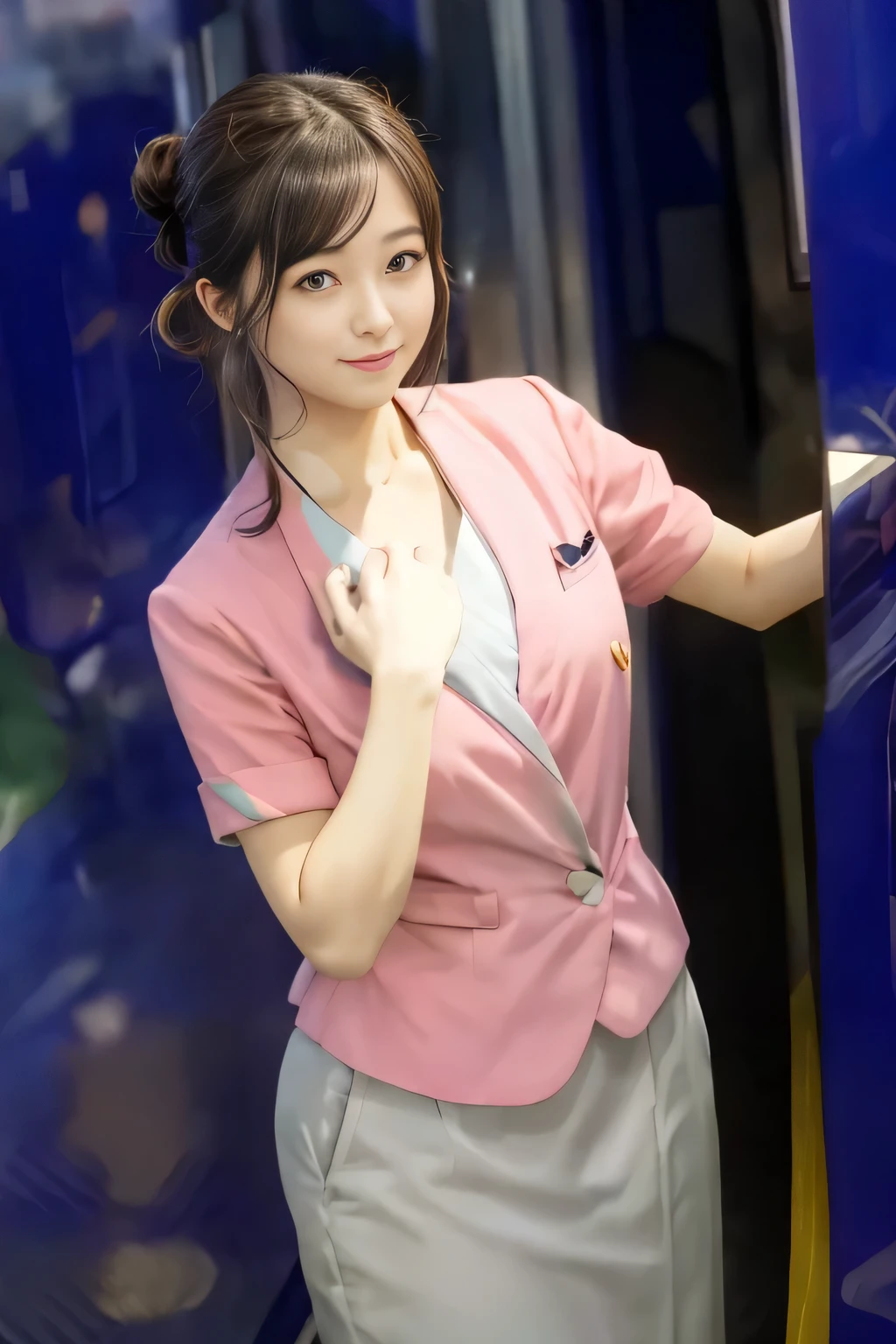 (masterpiece:1.2, highest quality:1.2), 32K HDR, High resolution, (alone、1 girl)、(On the rooftop of a building in the daytime、Professional Lighting)、Building rooftop background、(Nankai train crew uniform pinkを着たリアルスタイル)、(Nankai train crew uniform pink short sleeve collarless pink jacket、Nankai Train Crew Uniform Pink Collarless Short Sleeve Blouse、Nankai Train Crew Uniform Pink Grey Knee-length Culottes)、((The bottom of the pink short-sleeved jacket cannot be tucked into the clay-colored culottes.))、Dark brown hair、(Hair tied up、Hair Bun、Hair Bun)、Dark brown hair、Long Shot、Big Breasts、Thin legs、((Great hands:2.0)),((Harmonious body proportions:1.5)),((Normal limbs:2.0)),((Normal finger:2.0)),((Delicate eyes:2.0)),((Normal eyes:2.0)))、(Nankai Train Crew Uniform Pink Grey Knee-length Culottesを見せた美しい立ち姿)、smile