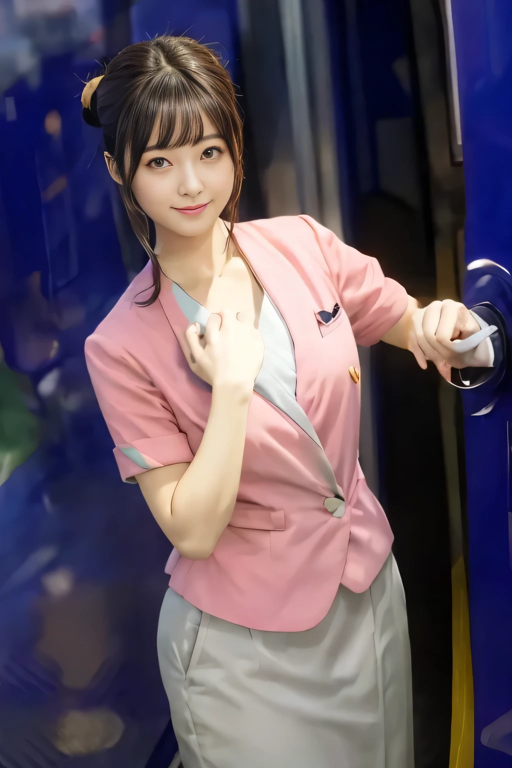 (masterpiece:1.2, highest quality:1.2), 32K HDR, High resolution, (alone、1 girl)、(On the rooftop of a building in the daytime、Professional Lighting)、Building rooftop background、(Nankai train crew uniform pinkを着たリアルスタイル)、(Nankai train crew uniform pink short sleeve collarless pink jacket、Nankai Train Crew Uniform Pink Collarless Short Sleeve Blouse、Nankai Train Crew Uniform Pink Grey Knee-length Culottes)、((The bottom of the pink short-sleeved jacket cannot be tucked into the clay-colored culottes.))、Dark brown hair、(Hair tied up、Hair Bun、Hair Bun)、Dark brown hair、Long Shot、Big Breasts、Thin legs、((Great hands:2.0)),((Harmonious body proportions:1.5)),((Normal limbs:2.0)),((Normal finger:2.0)),((Delicate eyes:2.0)),((Normal eyes:2.0)))、(Nankai Train Crew Uniform Pink Grey Knee-length Culottesを見せた美しい立ち姿)、smile
