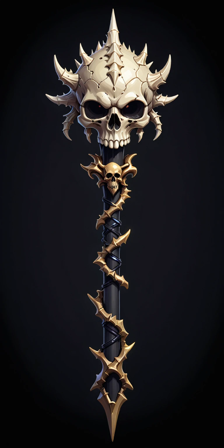 pixel art, cartoon illustration, bone spiked greatstaff, skull theme, simple black background, RPG game icon 