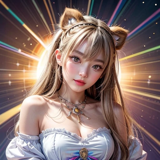NSFW, 8k, High-level, absurd, masterpiece, best quality, primitive, very detailed CG, very detailed wallpaper, perfect lighting, Extremely detailed (((The personifying " Farrah Fawcett Majors " as a Little Girl))), MysticSight, Tyndall effect, Tyndall scattering, Studio gray background with (many Dazzling RainbowColor particles BokeH:1.28), (RoundlyButts, ThighGap), (Exposed:0.4), (Assfocus with looking ahead), BREAK (NOGIZAKA face variations) Extremely Detailed very KAWAII face variations, perfect anatomy, Childish, captivating gaze, elaborate detailed Eyes with (sparkling highlights:1.28), long eyelashes、Glossy RED Lips with beautiful details, Coquettish tongue, Rosy cheeks, Radiant PearlSkin with clear transparency . { (Dynamic LifeLike expressions:1.4) | :d) }, (large eyes:-1) .