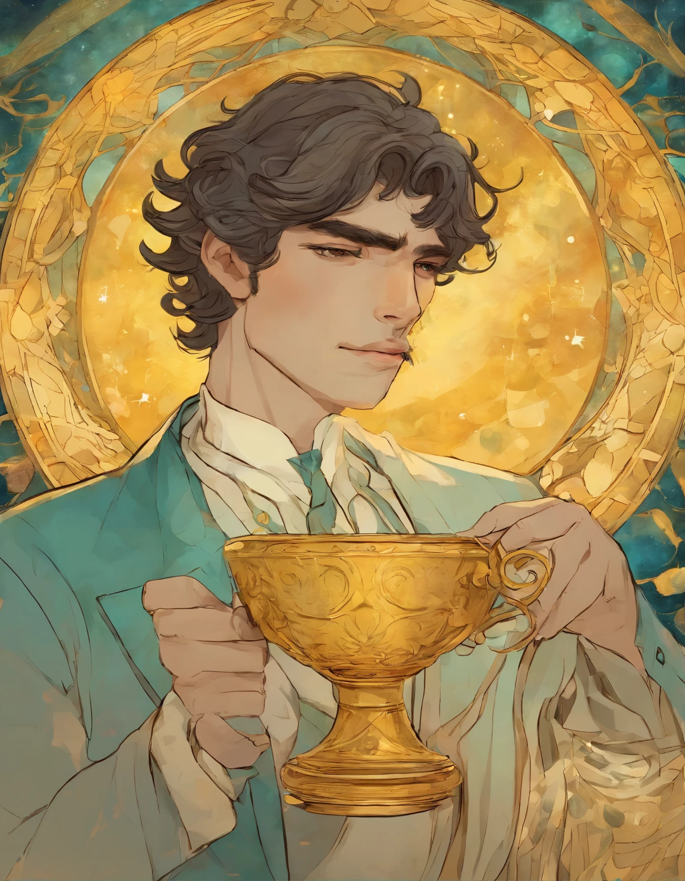 Manara inspired illustration of insanely handsome gentleman holding a golden cup. He’s got expressive and persuasive eyes, and his hair is short and dark brown and green and cyan. His skin is sun tanned and is legs are strong. He’s wearing Klimt inspired clothing. Very detailed image. The sky is Van Gogh’s starry sky