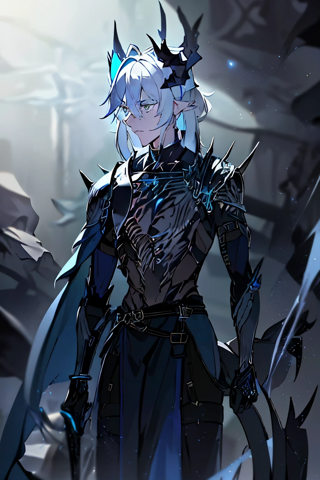 an anime man 1.80 tall (long silver hair) with (green eyes) with (a scar on his forehead in x) and (several runes on his body with a blue color but the most striking is one that resembles a dragon in its back) (a black tail

clothes (he wears a torn cloak and a chest piece together and shoulder pads made of old plates with a symbol of two dragons)

your weapon (it's a bow made of black steel with blue runes that attach to a blue stone in the middle of the bow)