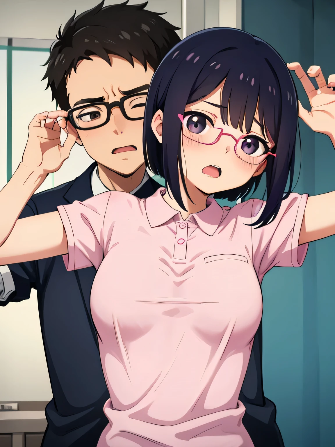 woman in pink polo shirt, glasses, arms up, armpits, open mouth, eye highlights, detailed eyes, blush, short bob, Small breasts,Black Hair, hospital cute embarrassed reluctant high quality perfect hands black eyes perfect arms perfect fingers perfect anatomy hugged from behind by an excited man