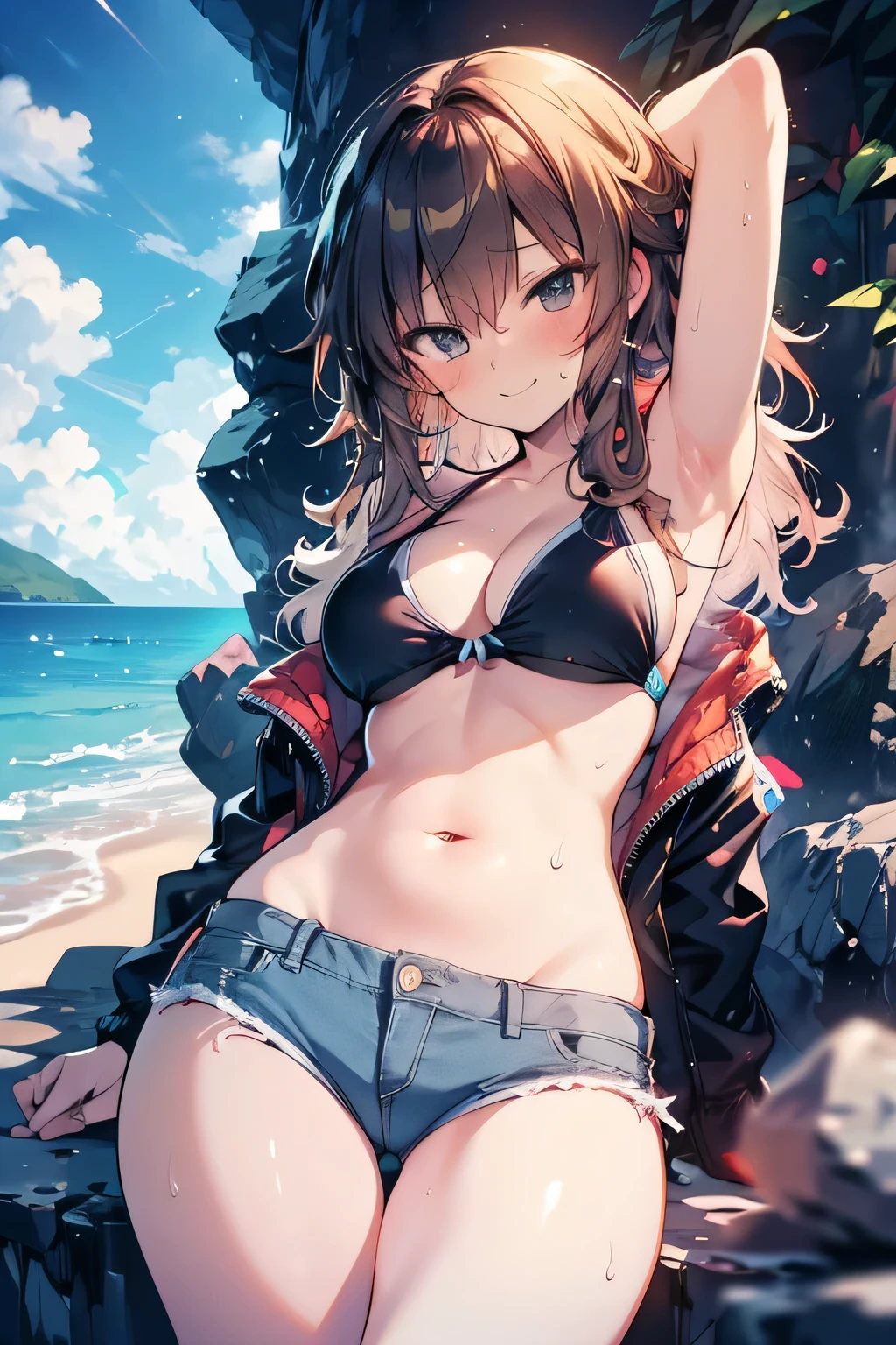 Erotic manga、highest quality、Cool feeling、Busty high school girl relaxing in the shadow of the rocks on the coast、Girls und Panzer、Nishizumi Maho、smile、Perfect balance、Fatty legs、Clear eyes、Wide legged、Sexy Swimsuit、Belly button、Denim hot pants、Cowboy Shot、Sweaty