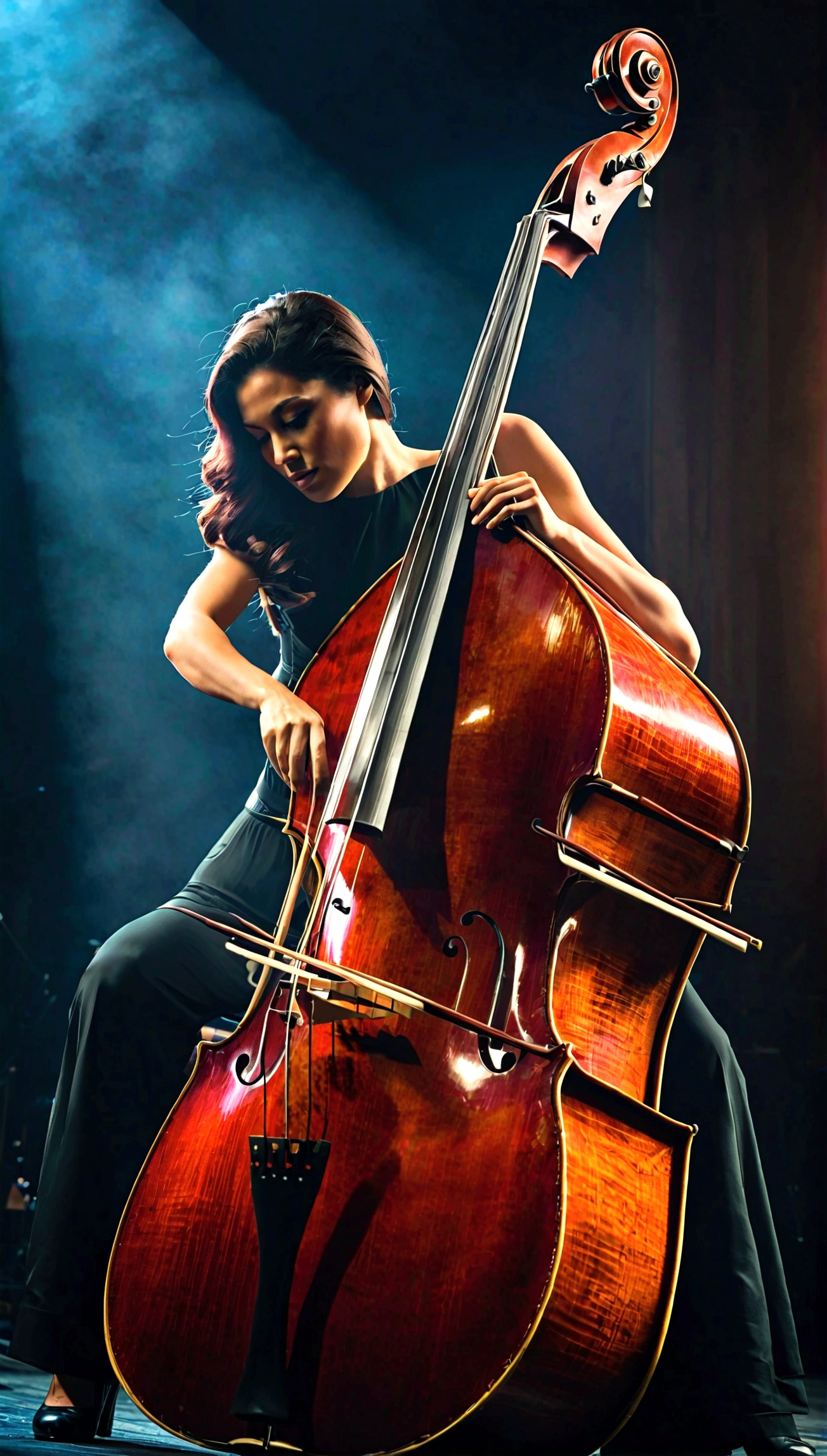 Create an image of a woman playing the double bass