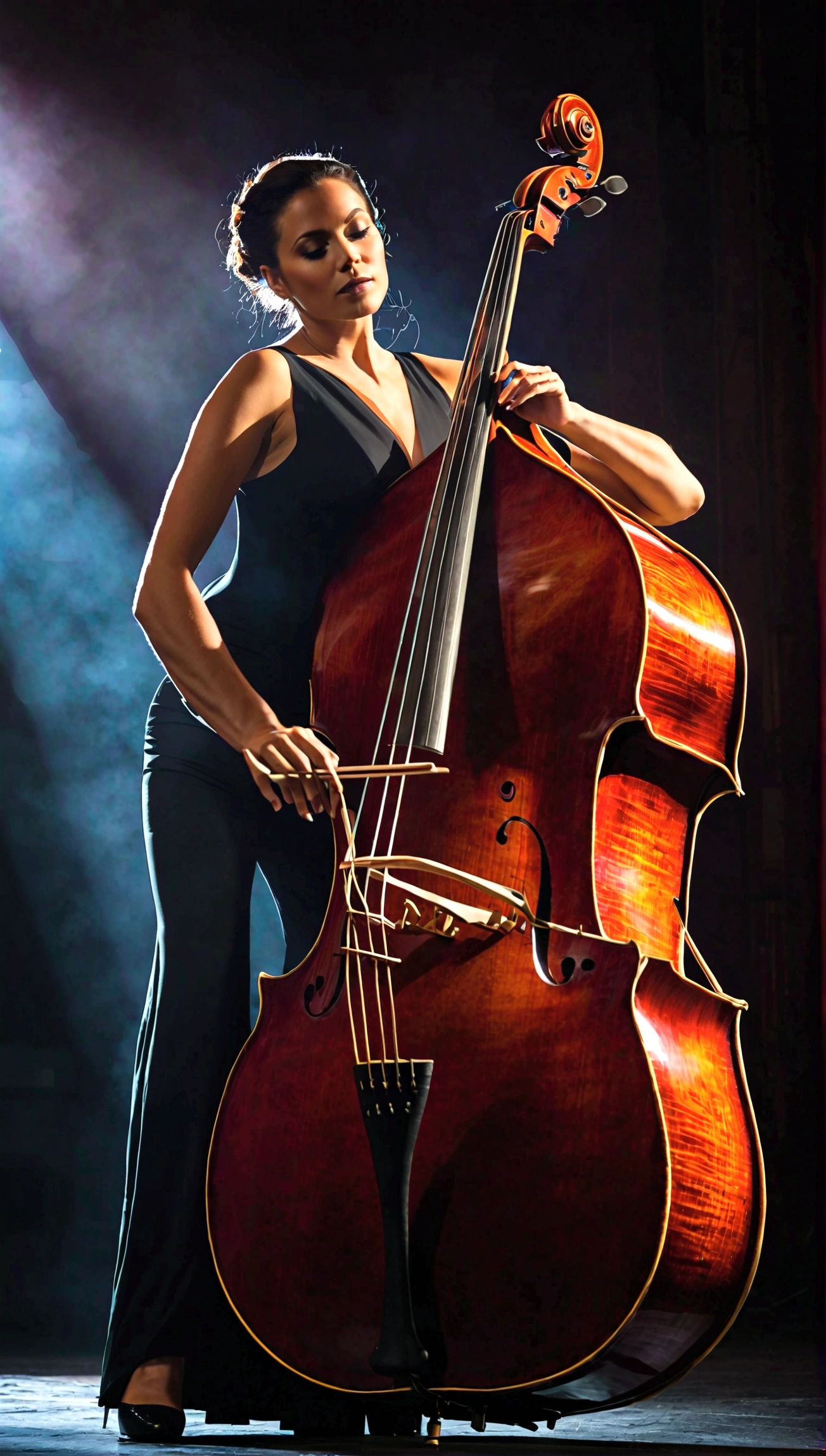 Create an image of a woman playing the double bass