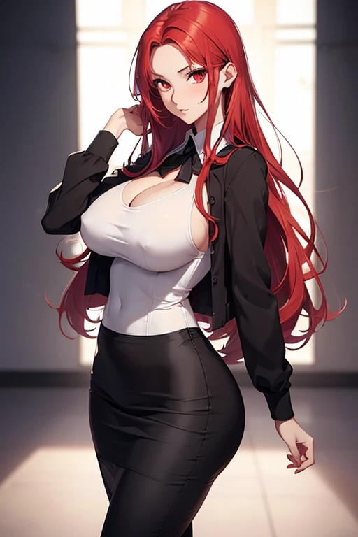 (\1girl)/,(\anime)/,(\young)/,(\hot)/,(\slim body)/,(\slender body)/,(\height 1.78)/,(Long red hair and red eyes),(white skin color),(beautiful face),(structured body),(big ass:1.5),(huge breasts:1.5),(18 year old woman),(mature body),(Feeling her own breasts), (facing the viewer),(wearing),+,(a tight sexy black straight pencil skirt that highlights her ass well and a white blouse with a neckline in the middle of her breasts shows her breasts' piggy bank)