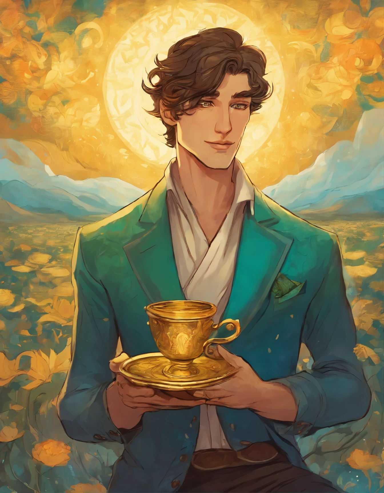 Manara inspired illustration of insanely handsome gentleman holding a golden cup. He’s got expressive and persuasive eyes, and his hair is short and dark brown and green and cyan. His skin is sun tanned and is legs are strong. He’s wearing Klimt inspired clothing. Very detailed image. The sky is Van Gogh’s starry sky