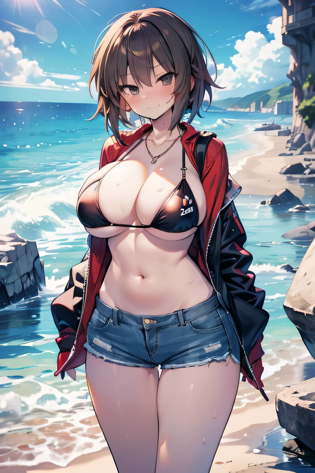 Erotic manga、highest quality、Cool feeling、Busty high school girl relaxing in the shadow of the rocks on the coast、Girls und Panzer、Nishizumi Maho、smile、Perfect balance、Fatty legs、Clear eyes、Wide legged、Sexy Swimsuit、Belly button、Denim hot pants、Cowboy Shot、Sweaty