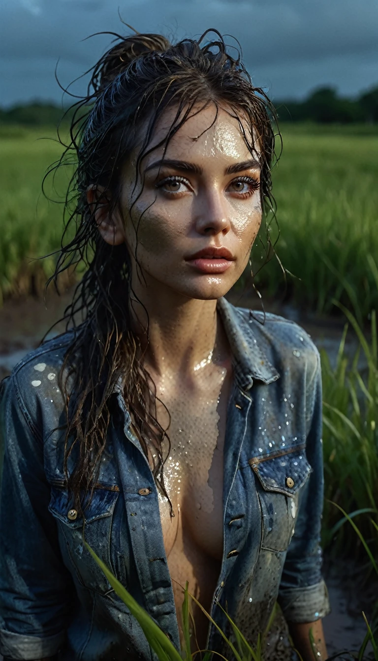 a woman with beautiful detailed eyes, beautiful detailed lips, extremely detailed eyes and face, long eyelashes, wearing blue jeans, messy wet hair, body covered in mud, sensual expression, standing in a muddy field, lush green grass, dramatic lighting, highly detailed, photorealistic, 8k, cinematic, chiaroscuro lighting, moody atmosphere, dramatic colors