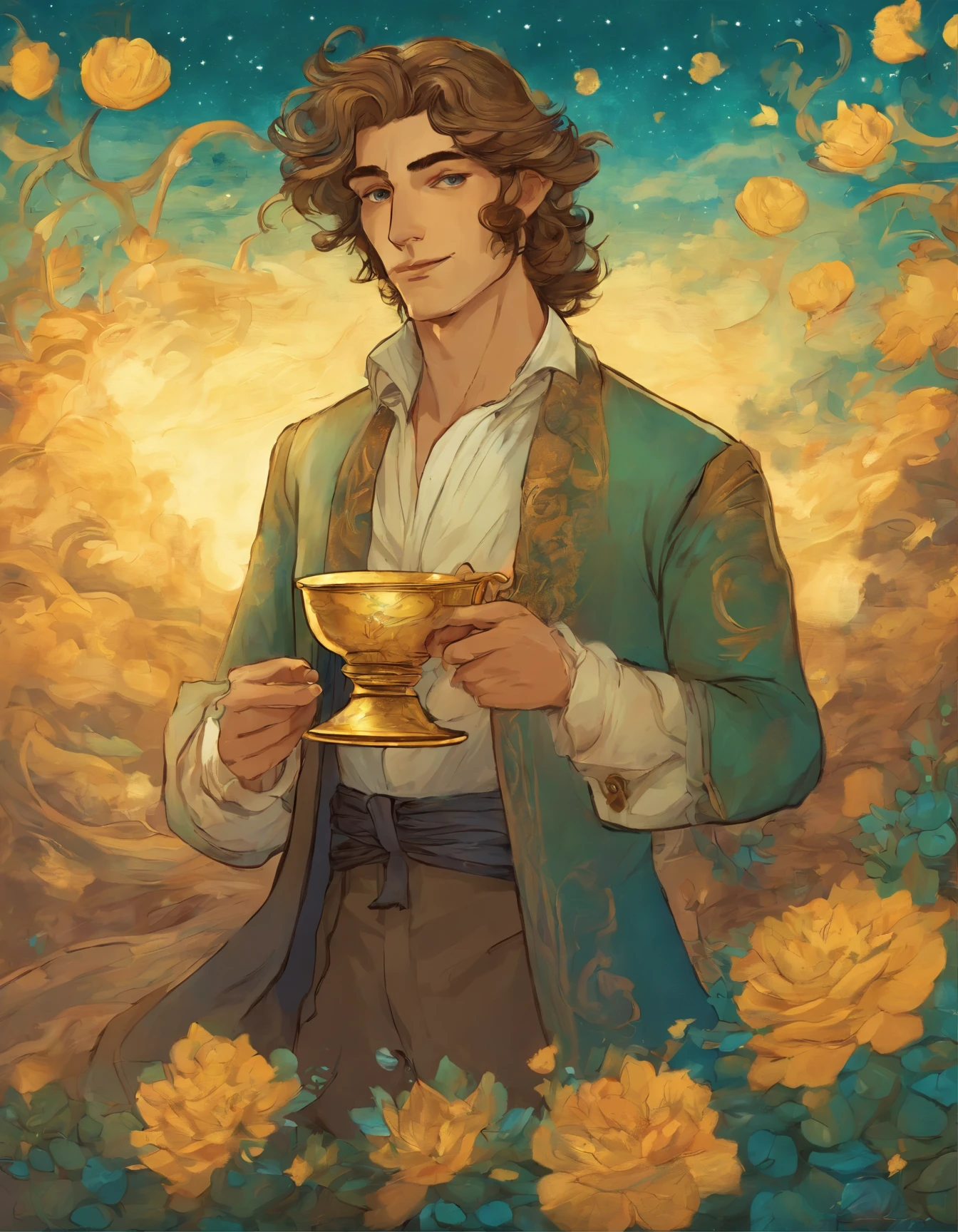 Manara inspired illustration of insanely handsome gentleman holding a golden cup. He’s got expressive and persuasive eyes, and his hair is short and dark brown and green and cyan. His skin is sun tanned and is legs are strong. He’s wearing Klimt inspired clothing. Very detailed image. The sky is Van Gogh’s starry sky