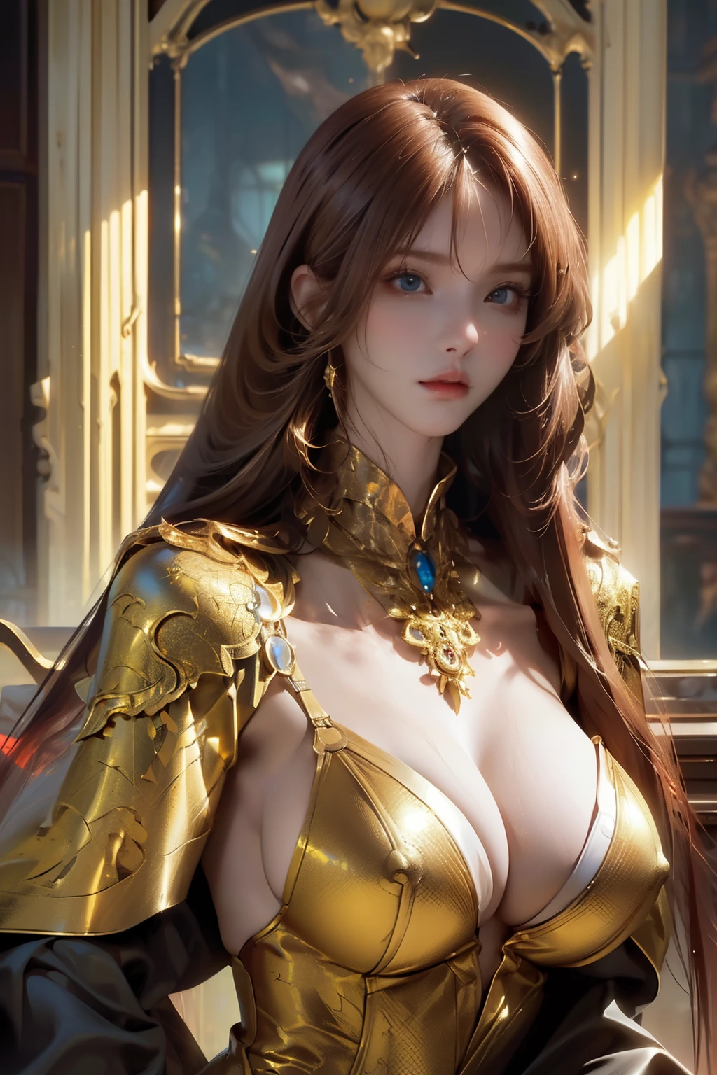 1girl,(ultra detailed skin),curvy,,beautiful breasts,large breasts,pale skin,pointy breasts,erect nipples,(fantasy art,Highest image quality,Hyperrealist portrait,(8k),ultra-realistic,best quality, high quality, high definition, high quality texture,high detail,beautiful detailed,fine detailed,extremely detailed cg,detailed texture,a realistic representation of the face,masterpiece,Sense of presence,Dynamic,bold),(thin hair),(soft hair),(straight hair:1.8),Swept long bangs,extra light coppery amber hair,hair over one eye,(clothed:1.5),