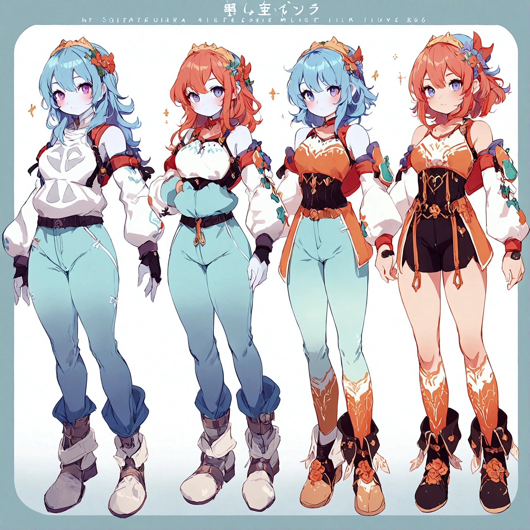 Girl with fitness body, red hair, short hair down to her shoulders, violet eyes, white skin, Sagittarius armor, full body, character sheet, semi realistic design
