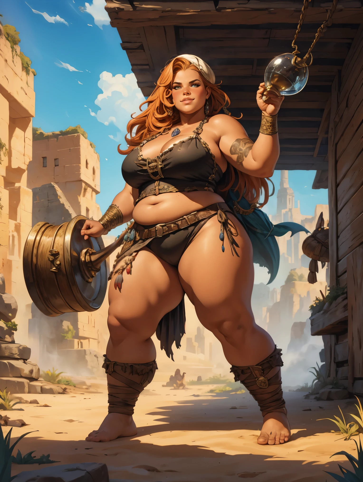 a chubby pirate woman from the early 18th century, barefooted, dungeons and Dragons 5th edition fantasy illustration, highly detailed cinematic fantasy portrait, black outlining, full color illustration, in the style of BORIS VALLEJO & JULIE BELL, masterpiece, 8k, ultra-detailed, physically-based rendering, vivid colors, dramatic lighting, intricate background, fantasy, photorealistic