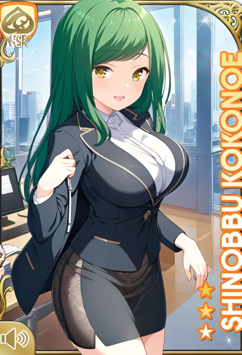 (masterpiece, best quality, very aesthetic, ultra detailed), intricate details, highly detailed background, perfect lightingbest quality, kokonoeshinobu, solo, indoors, office, office lady, green hair, swept bangs, long hair, yellow eyes, large breasts, See Through black jacket, open jacket, See Through blazer, See Through business suit, See Through white shirt ,See Through belt, See Through black skirt, See Through pencil skirt, See Through skirt suit, smile, open mouth, :d, pink lips, solo, nsfw ,nipple, See Through,
