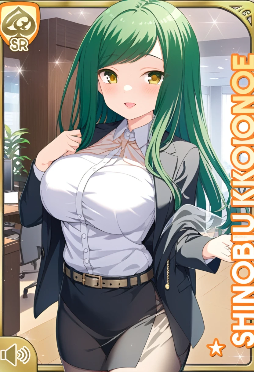 (masterpiece, best quality, very aesthetic, ultra detailed), intricate details, highly detailed background, perfect lightingbest quality, kokonoeshinobu, solo, indoors, office, office lady, green hair, swept bangs, long hair, yellow eyes, large breasts, See Through black jacket, open jacket, See Through blazer, See Through business suit, See Through white shirt ,See Through belt, See Through black skirt, See Through pencil skirt, See Through skirt suit, smile, open mouth, :d, pink lips, solo, nsfw ,nipple, See Through,
