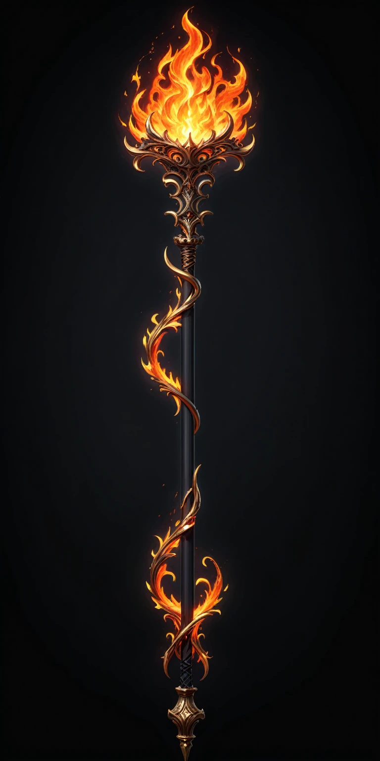 pixel art, cartoon illustration, Divine glavie greatstaff, fire theme, simple black background, RPG game icon 