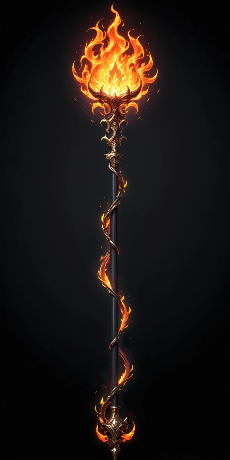 pixel art, cartoon illustration, Divine glavie greatstaff, fire theme, simple black background, RPG game icon 