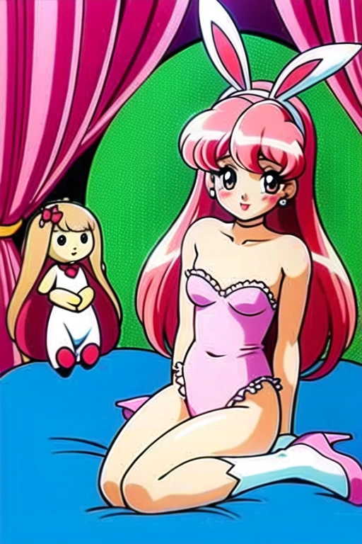 there is a woman sitting on a bed with a cake, belle delphine, fairycore, anime barbie in white stockings, ❤🔥🍄🌪, ultrarealistic sweet bunny girl, anime barbie doll, style of magical girl, pink girl, candy girl, pink pastel, bunny girl, ball jointed doll, candy pastel, ta style, kawaii aesthetic