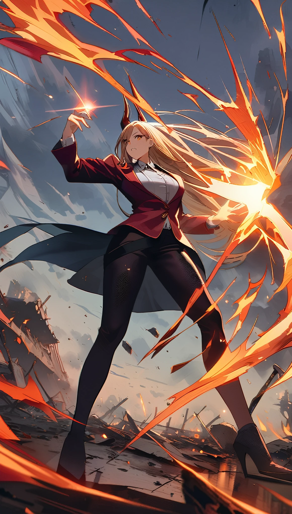 Portraiture, Long Hair, Middle Hair, Brown Eyes, One girl, demon horn, face, Magical woman, Absurd, masterpiece, highest quality, blazer girl costume, ((grim reaper woman)), short hair, Devastation, Remains, (Dynamic pose), Apocalypse, Spell casting, Style-Glass, Full Body Shot, (Big sickle)