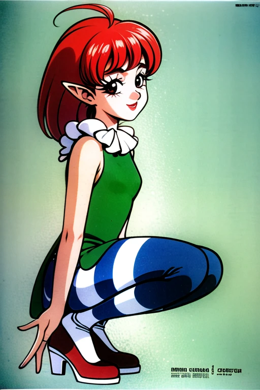 there is a woman in a green dress and black and white striped tights, y 2 k cutecore clowncore, mime, goth clown girl, cutecore clowncore, pauline hanson as a clown, clown girl, magazine photo from 2007, vaudevillian, acid pixie, by Shinoda Toko, jester shoes, magazine scan