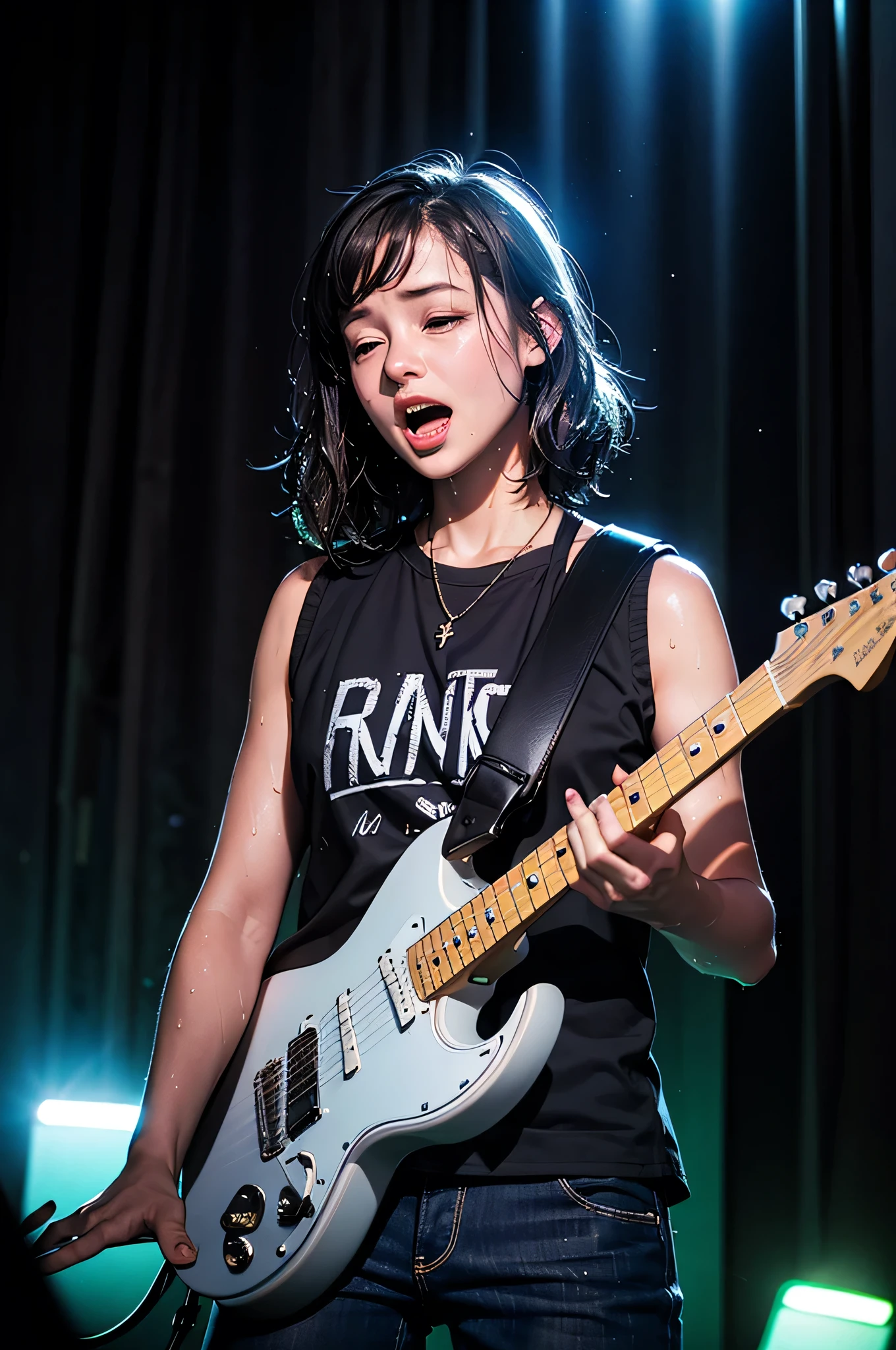 { 1girl, young funk rock star, singing on concert stage, playing electric guitar, ((cowboy shot)) }, { }, { (neon glowing), (masterpiece), (absurd resolution), (best quality:1.2), (photo realistic:1.6), (Luminous lighting:1.4), (Chiaroscuro:1.2), (Immersive atmosphere:1.2), (brightened light:0) }, { (open mouth:1.2),eyes rolled up,(weeping), (shiny skin), wet skin }, { }