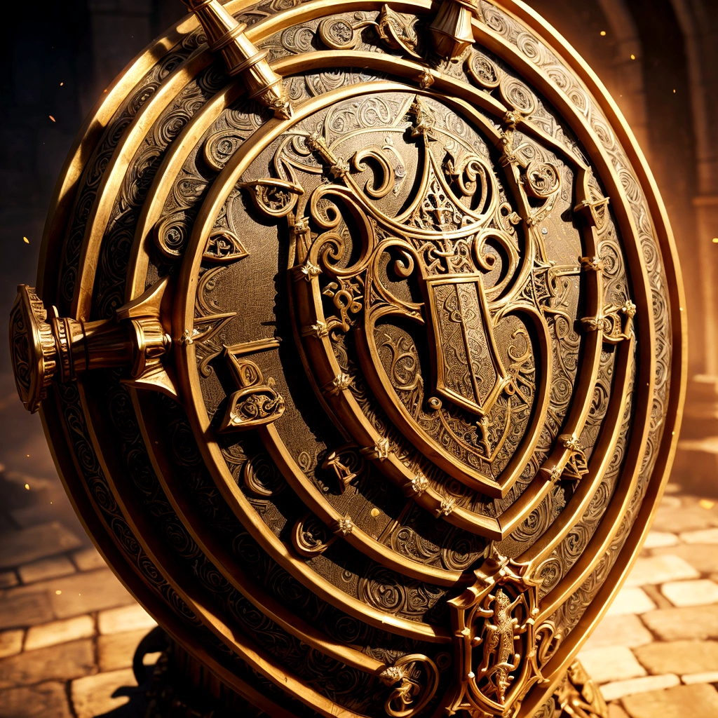 detailed fantasy knight shield,18th century medieval armor, highly detailed,masterpiece,photorealistic,intricate design,golden accents,glowing magical runes,ancient symbols,dramatic lighting,cinematic angle
