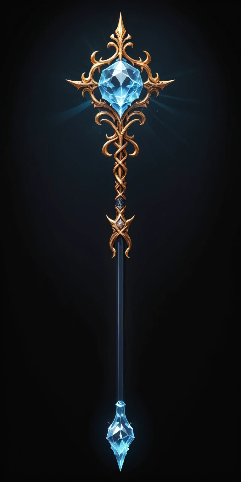 pixel art, cartoon illustration, Divine glavie greatstaff, Cristal theme, simple black background, RPG game icon 