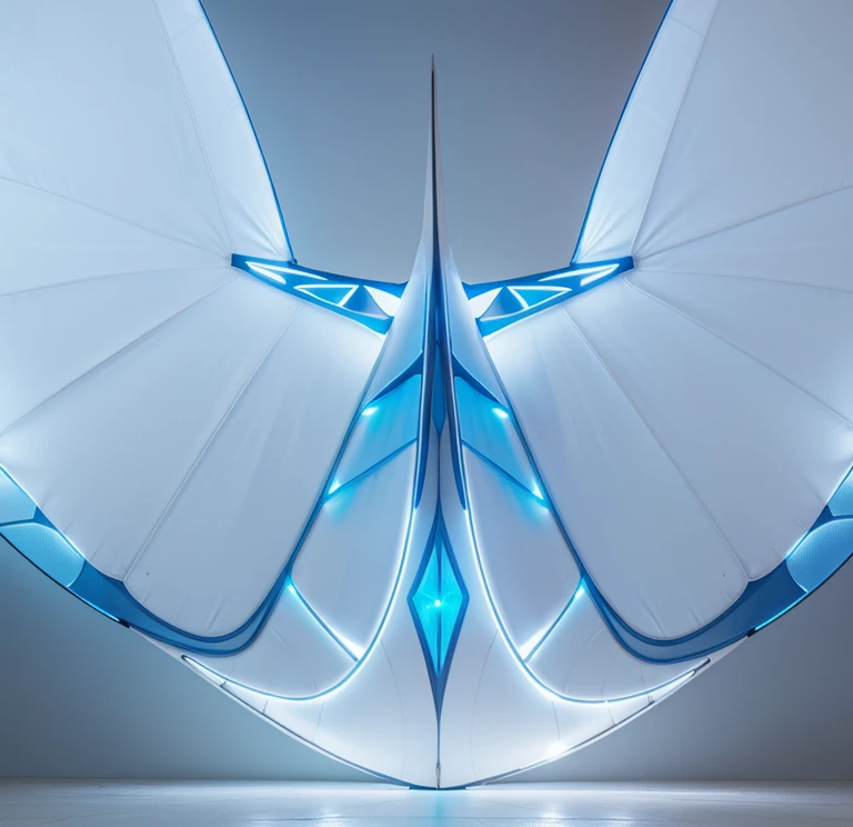 A giant manta, white with blue fluorescent designs in the back, with 6 wings, photorealistic, 8k, uhd, masterpiece