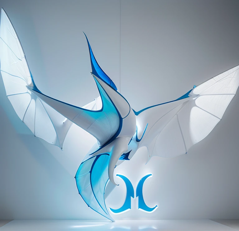 A giant manta, white with blue fluorescent designs in the back, with 6 wings, photorealistic, 8k, uhd, masterpiece 