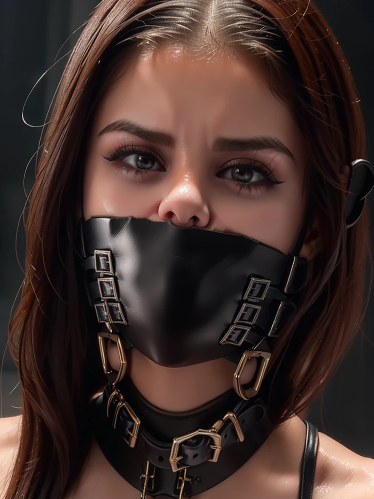 (Selena Gomez, bdsm, bondage, muzzle covering mouth, drool dripping, drool dangling, breathplay), 8k, realistic, drooling, pleading eyes, dripping wet, waiting to be tortured, cleavage, muzzle harness, drool all over face, drool all over breasts, breath control, muzzled, sweating, exact likeness 