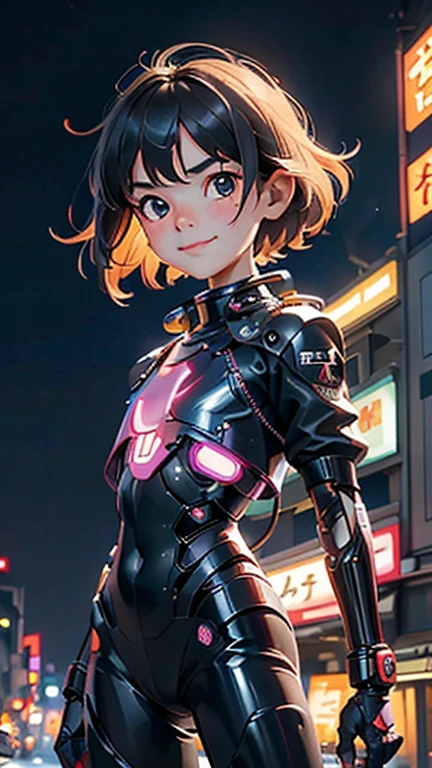 (8k),(masterpiece),(Japanese),(8--old l),((innocent look)),((Petit)),From the front,smile,cute,Innocent,Kind eyes,flat chest, Slender, The Terminator costume,short,Hair blowing in the wind,Black Hair,strong wind,midnight,dark,neon light futuristic city