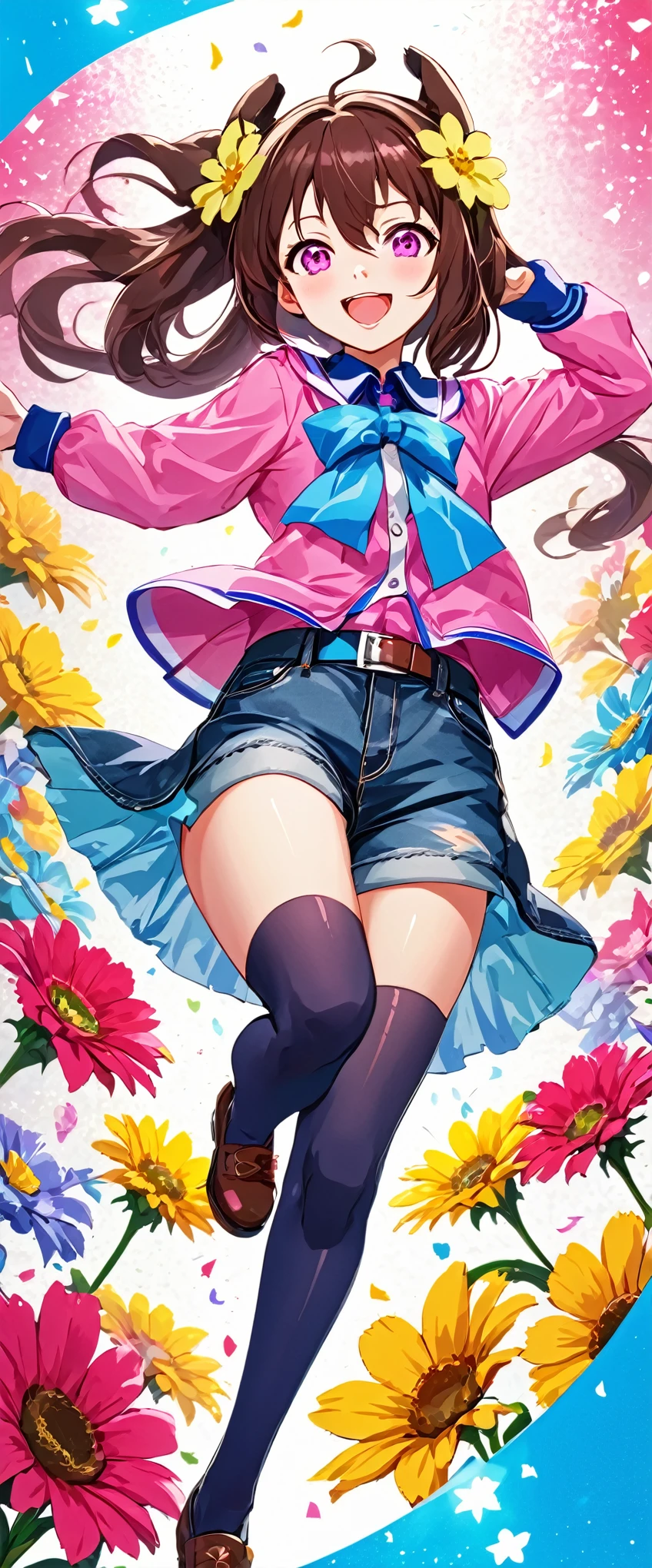 with high definition images，A scene from a movie，Anime Girl Masterpiece、highest quality、Uma Musume Pretty Derby。1girl、solo、Haruurara、Denim pants、Pink Shirt、accessories(0.6)、Open-mouthed and smiling broadly、Surrounded by colorful backgrounds、Flower-shaped pupils sparkle。