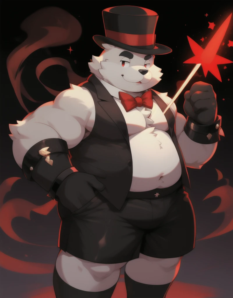A white chubby male shirtless anthropomorphic bunny wearing, black short shorts, black and red top hat, black vest, red bowtie, and black cuffs, holding a magic wand