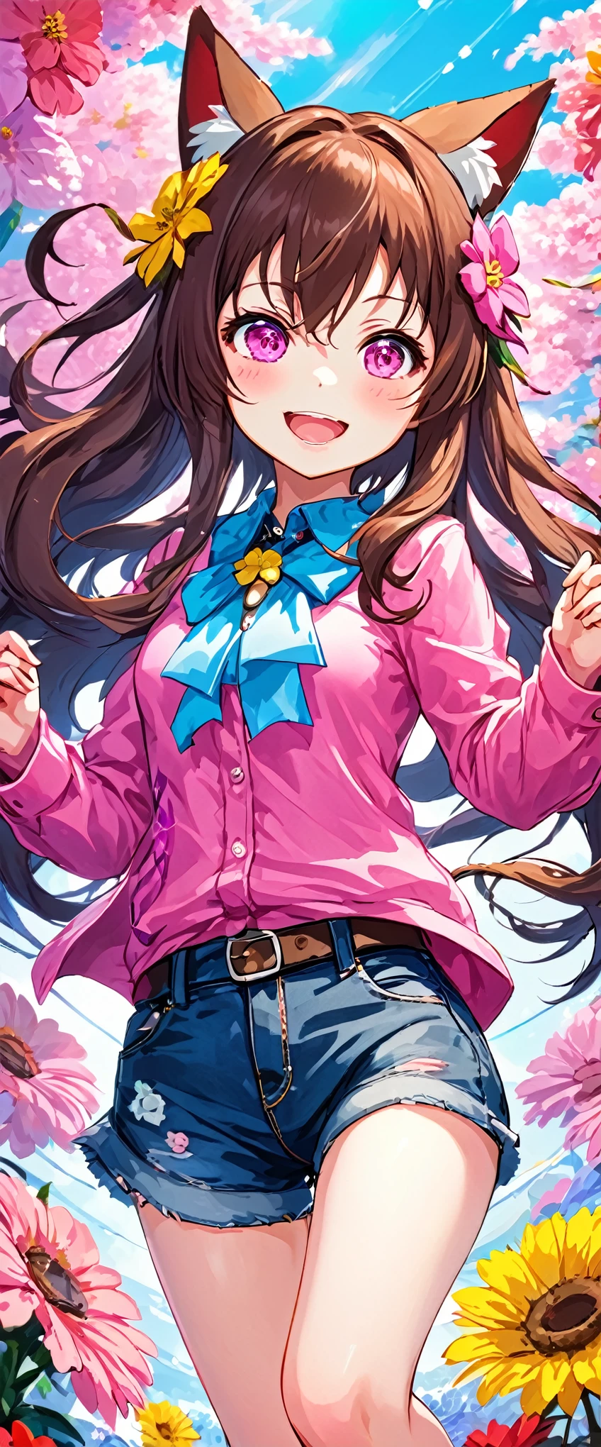 with high definition images,A scene from a movie,Anime Girl Masterpiece、highest quality、Uma Musume Pretty Derby。1girl、solo、Haruurara、Denim pants、Pink Shirt、accessories(0.6)、Open-mouthed and smiling broadly、Surrounded by colorful backgrounds、Flower-shaped pupils sparkle。