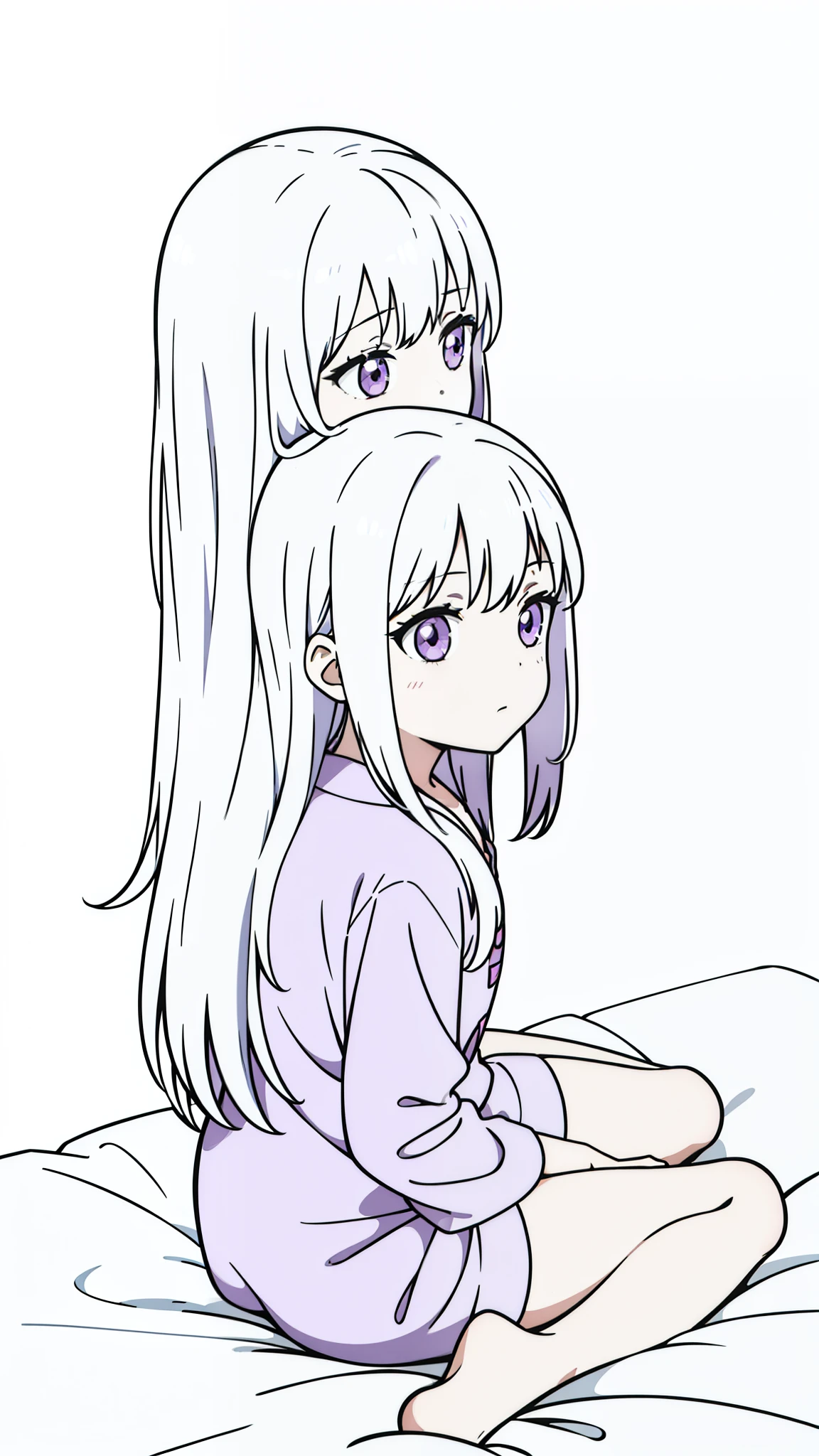 (1girl,8 years old,small,???),white hair,long hair,(purple pijama),(white background,line drawing),sitting on bed,headback,(back view)