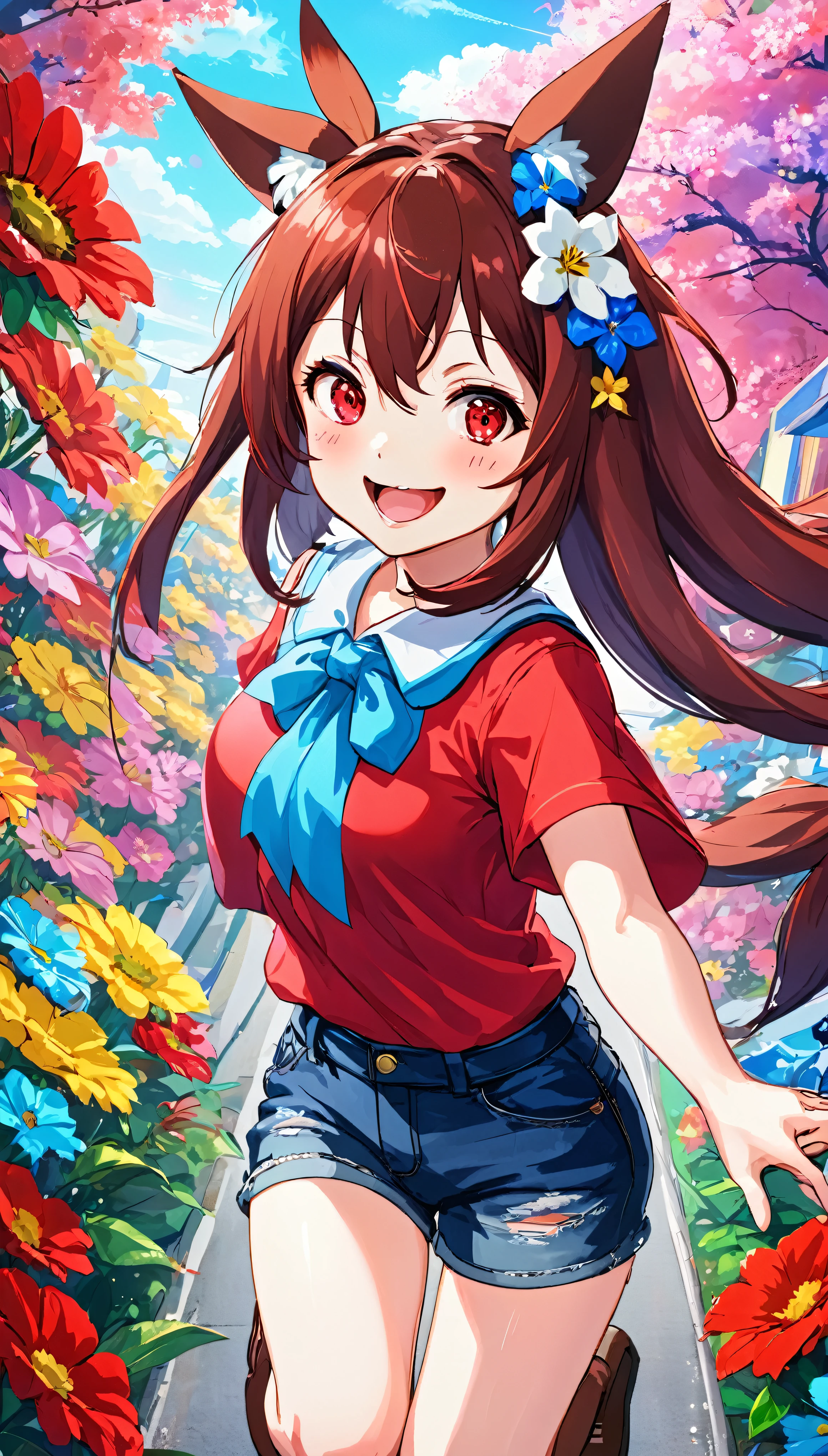 A scene from a movie，Anime Girl Masterpiece、highest quality、Uma Musume Pretty Derby。1girl、solo、Haruurara、Denim pants、Red Shirt、accessories(0.6)、Open-mouthed and smiling broadly、Surrounded by colorful backgrounds、Flower-shaped pupils sparkle。