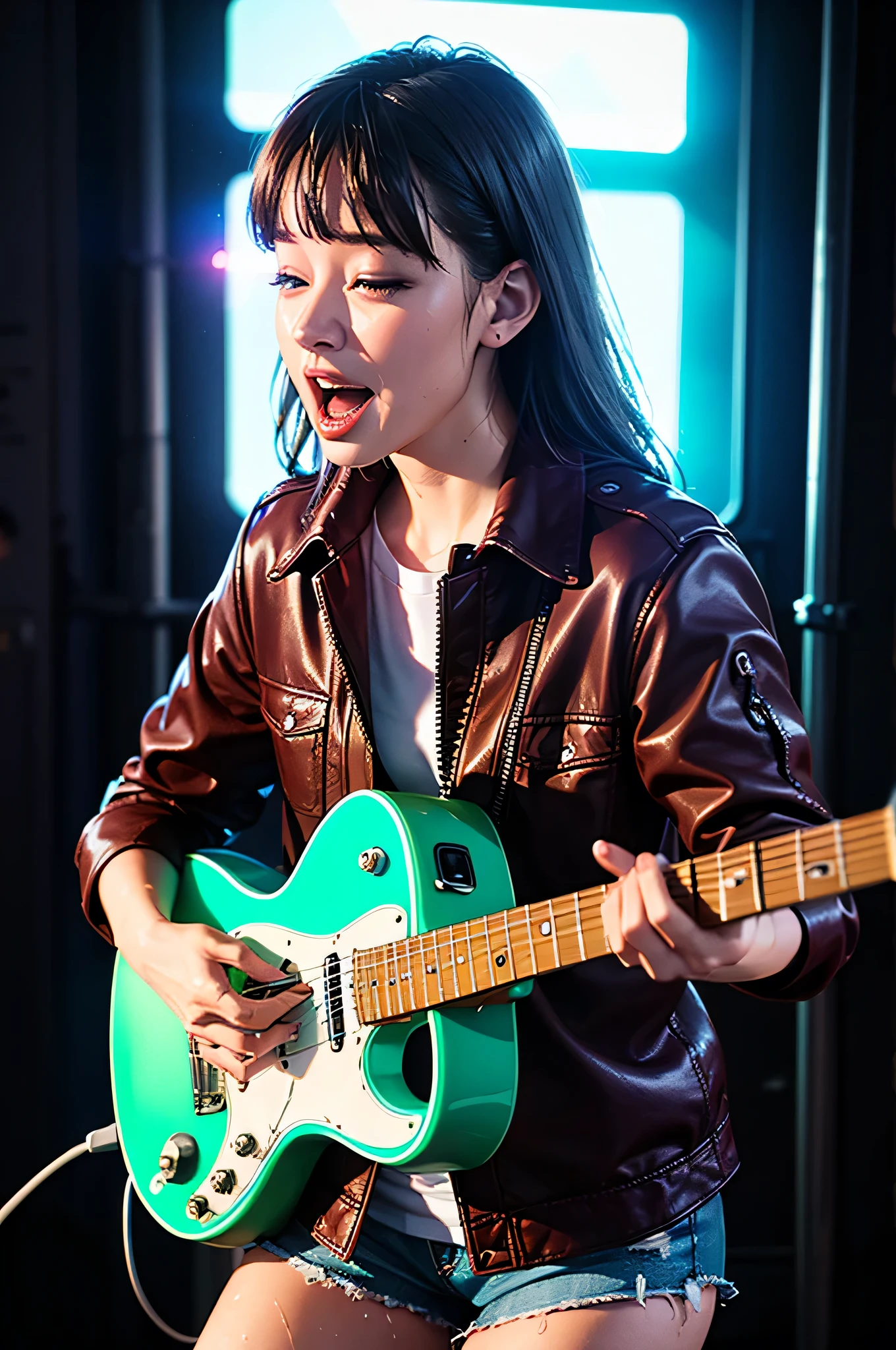 { 1girl, young funk rock star, singing on concert stage, playing electric guitar, ((cowboy shot)) }, { }, { (neon glowing), (masterpiece), (absurd resolution), (best quality:1.2), (photo realistic:1.6), (Luminous lighting:1.4), (Chiaroscuro:1.2), (Immersive atmosphere:0), (brightened light:0) }, { (open mouth:1.2),eyes rolled up,(weeping), (shiny skin), wet skin }, { }