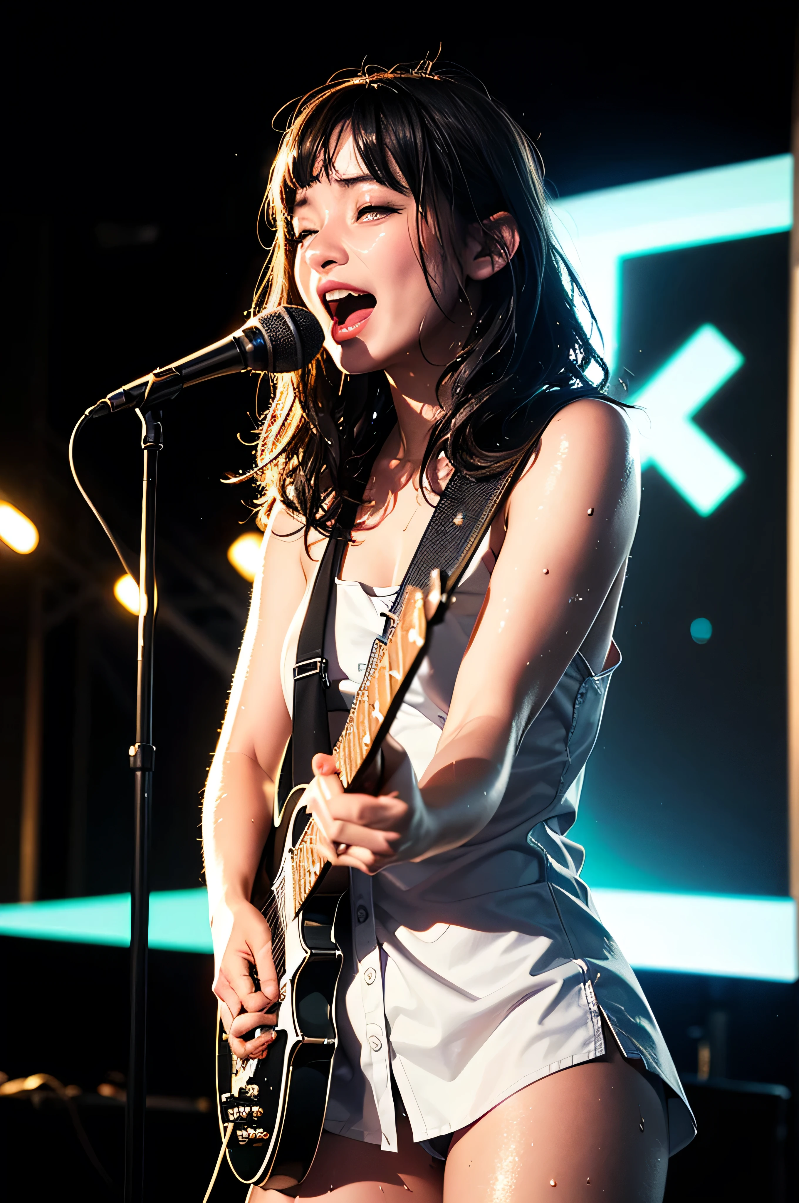 { 1girl, young funk rock star, singing on concert stage, playing electric guitar, ((cowboy shot)) }, { }, { (neon glowing), (masterpiece), (absurd resolution), (best quality:1.2), (photo realistic:1.6), (Luminous lighting:1.4), (Chiaroscuro:1.2), (Immersive atmosphere:0), (brightened light:0) }, { (open mouth:1.2),eyes rolled up,(weeping), (shiny skin), wet skin }, { }