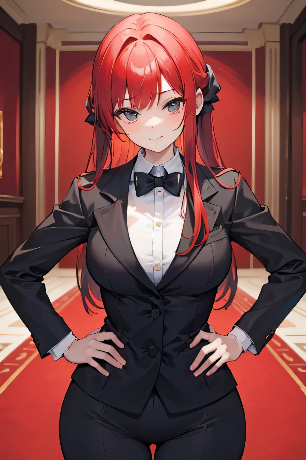 Best quality, masterpiece, A young red-haired curvy girl in a strict suit smiles slyly and puts her hands on her hips looking at the camera