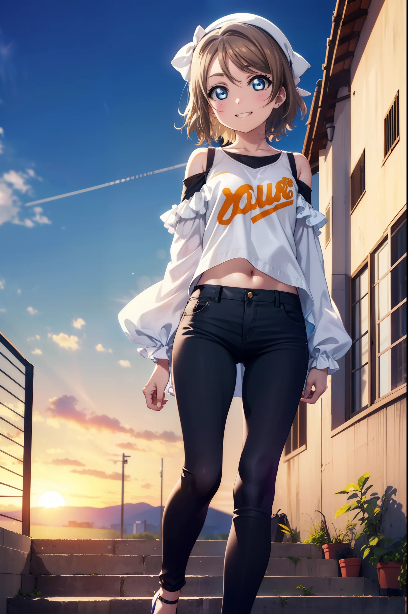 Yo Watanabe, Yu Watanabe, short hair, blue eyes, Brown Hair, Orange hair band,smile, Grin,Cold shoulder tops,skinny pants,Stiletto heels,Walking,morning,morning陽,The sun is rising,whole bodyがイラストに入るように,
break outdoors, ビル街
break looking at viewer, whole body,
break (masterpiece:1.2), highest quality, High resolution, unity 8k wallpaper, (figure:0.8), (Beautiful fine details:1.6), Highly detailed face, Perfect lighting, Highly detailed CG, (Perfect hands, Perfect Anatomy),