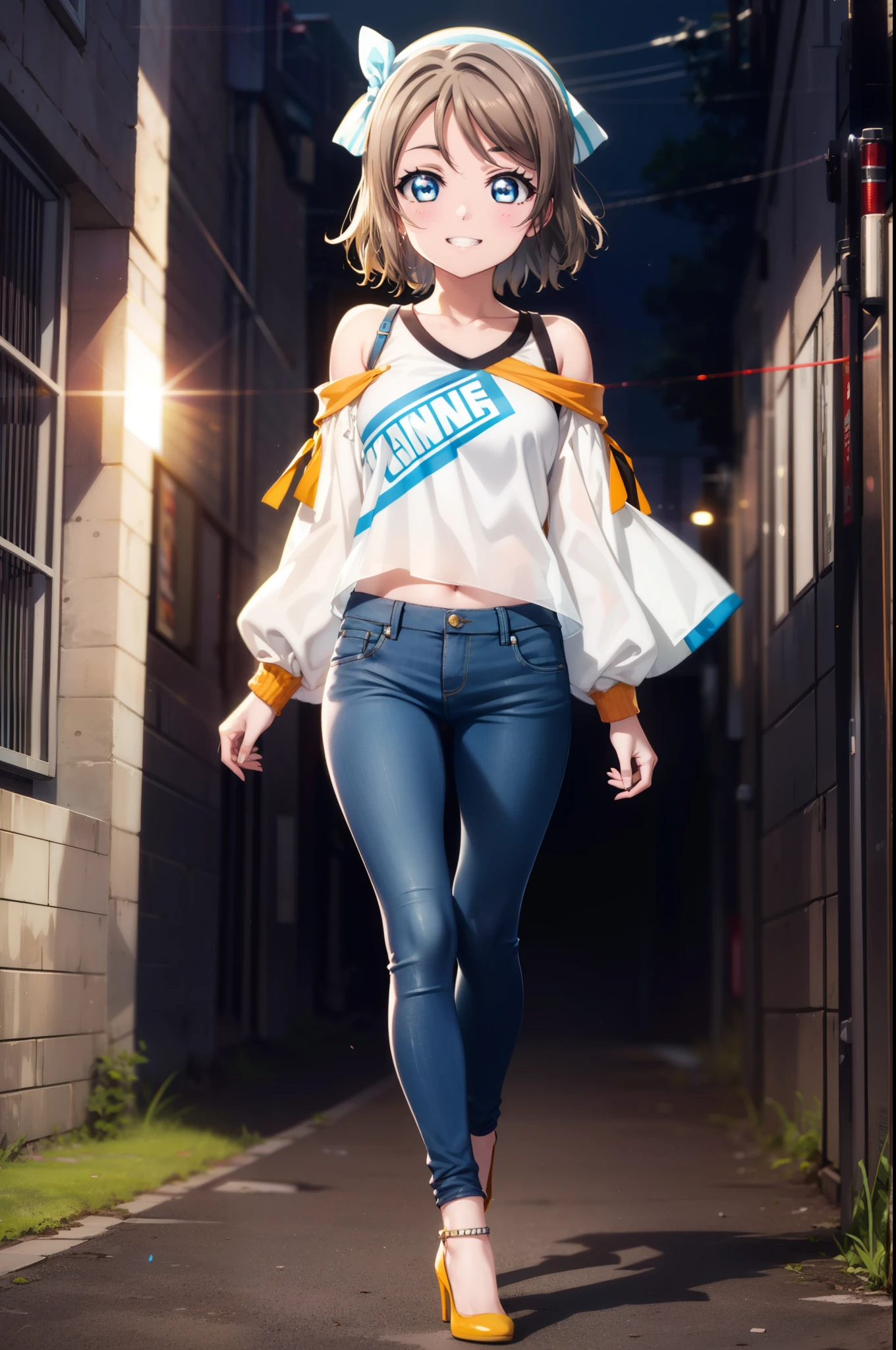 Yo Watanabe, Yu Watanabe, short hair, blue eyes, Brown Hair, Orange hair band,smile, Grin,Cold shoulder tops,skinny pants,Stiletto heels,Walking,morning,morning陽,The sun is rising,whole bodyがイラストに入るように,
break outdoors, ビル街
break looking at viewer, whole body,
break (masterpiece:1.2), highest quality, High resolution, unity 8k wallpaper, (figure:0.8), (Beautiful fine details:1.6), Highly detailed face, Perfect lighting, Highly detailed CG, (Perfect hands, Perfect Anatomy),