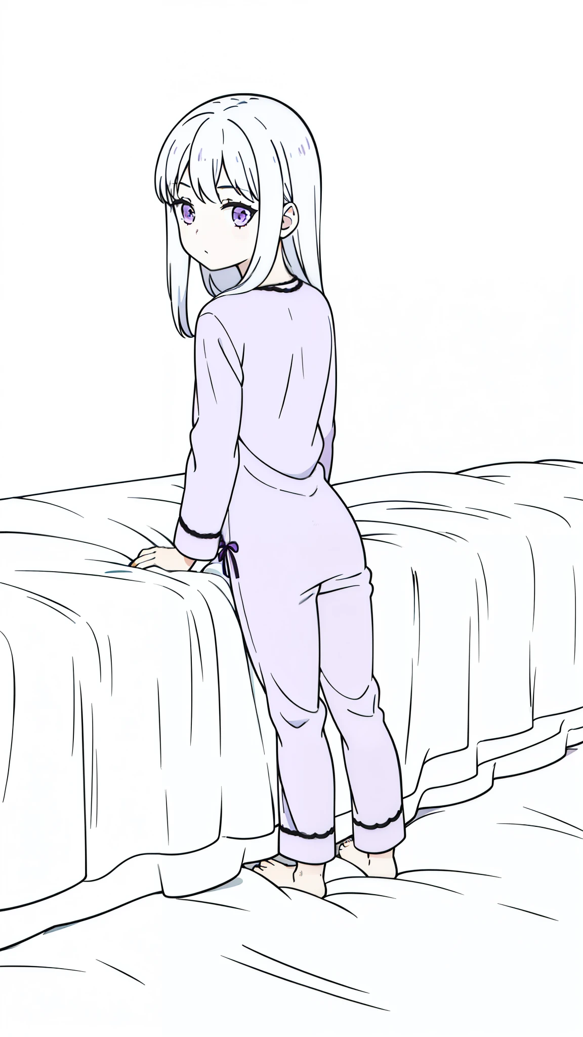 (1girl,8 years old,small,???),white hair,long hair,(dark purple pijama),(white background,line drawing),sitting on bed,headback,(back view)