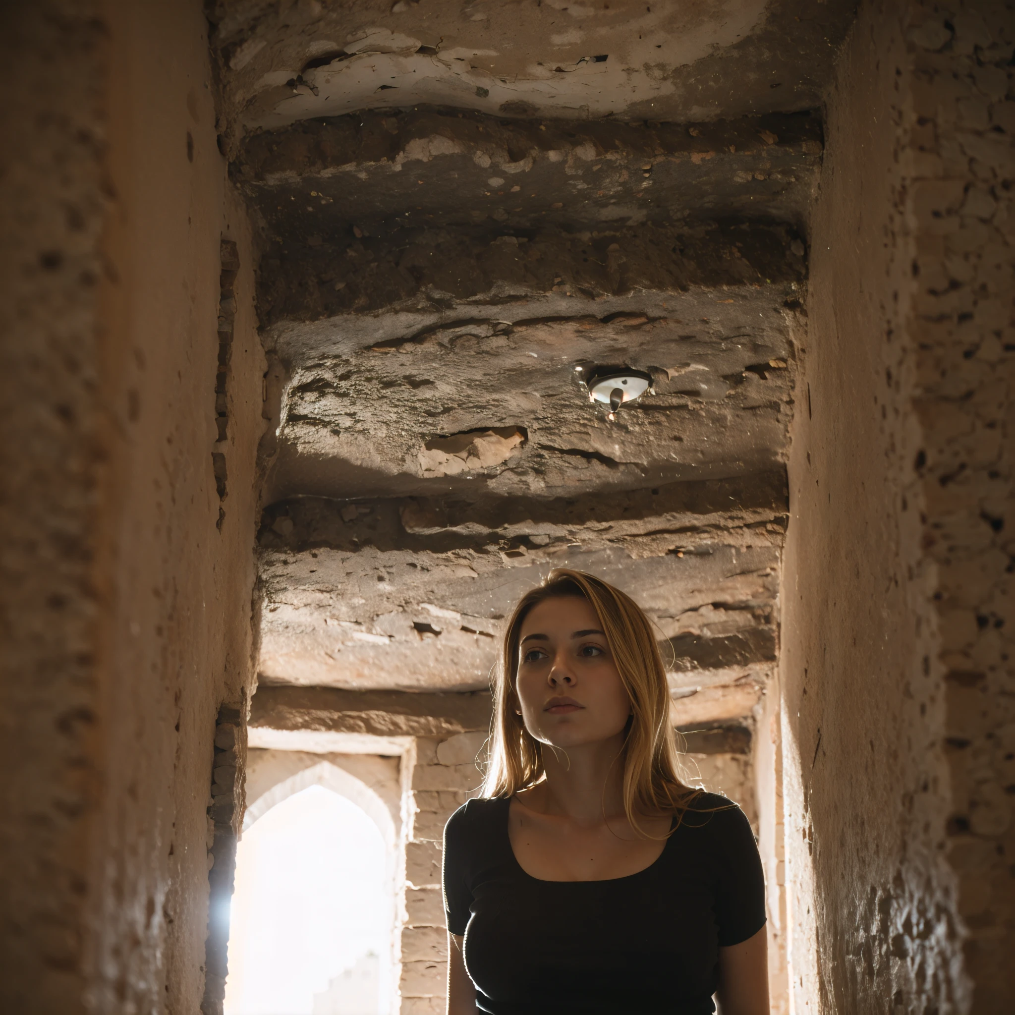 blonde sofiax (1woman) in sassi_di_matera. The perspective is from below. The lighting is dark, gloomy, and realistic, creating a tense and ominous atmosphere.